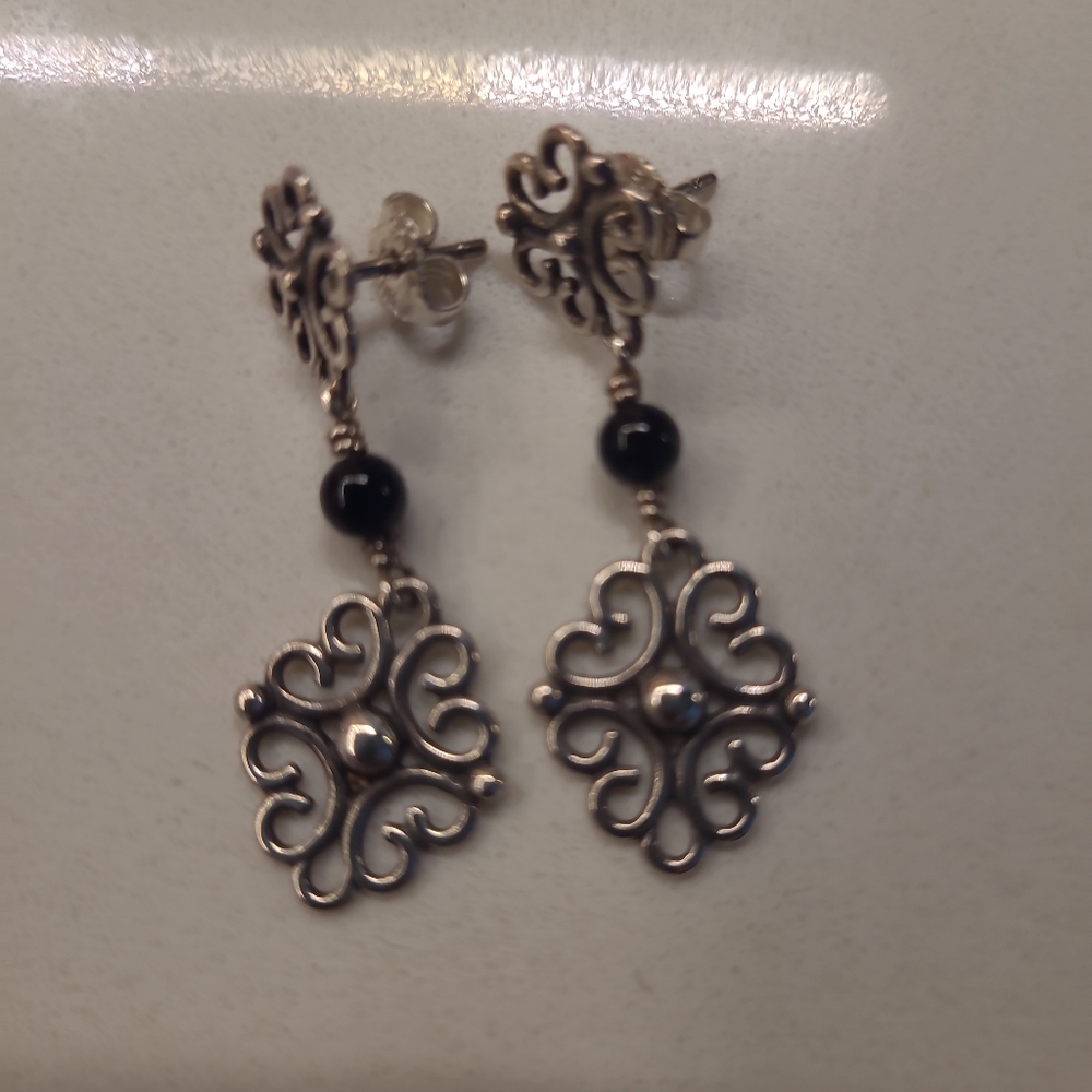 James Avery Retired Onyx Beaded Scroll Dangle Earrings